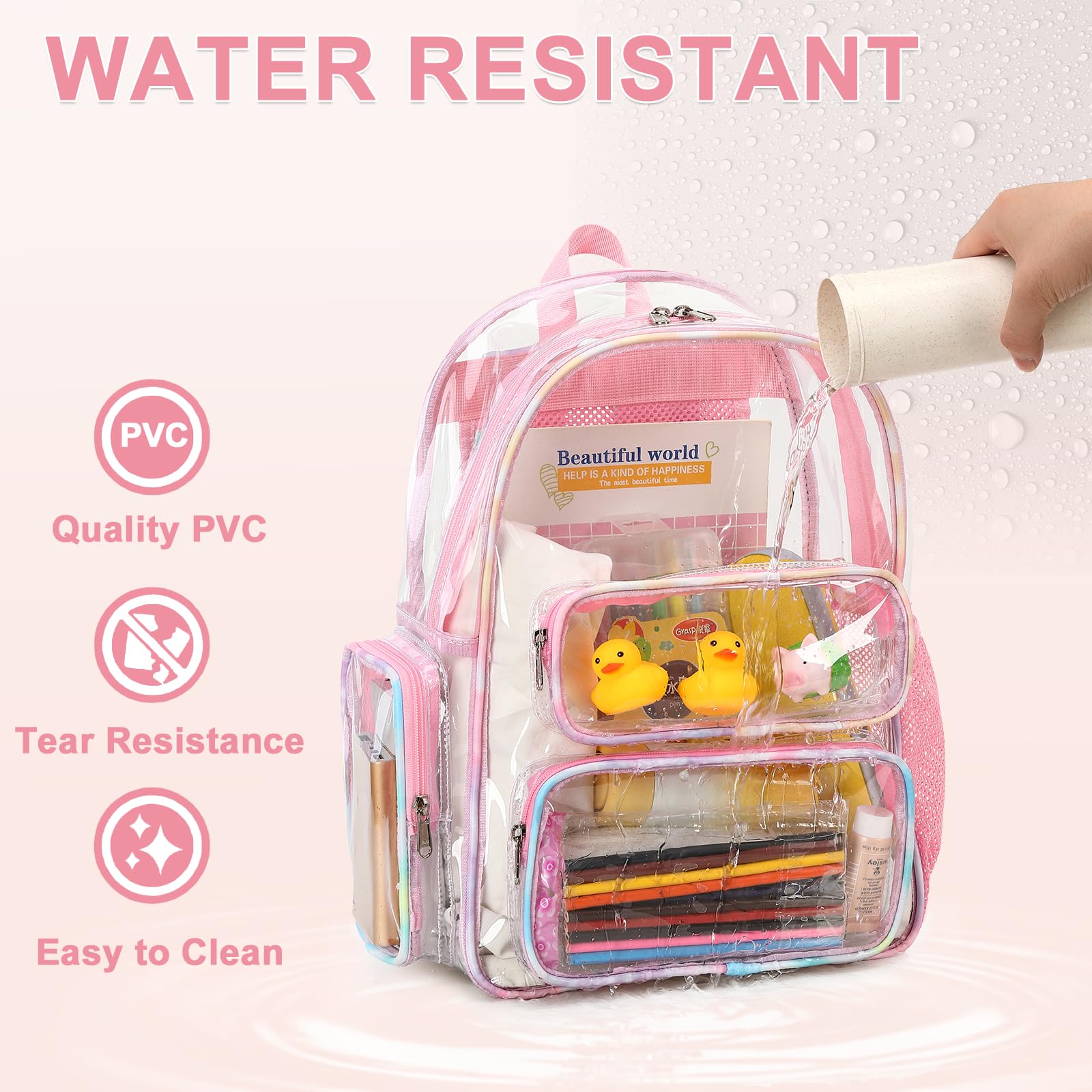 CAMTOP Clear Backpack Heavy Duty PVC Transparent Bag See Through BookBag for Student School Work Festival Sport Travel(Pink Yellow)