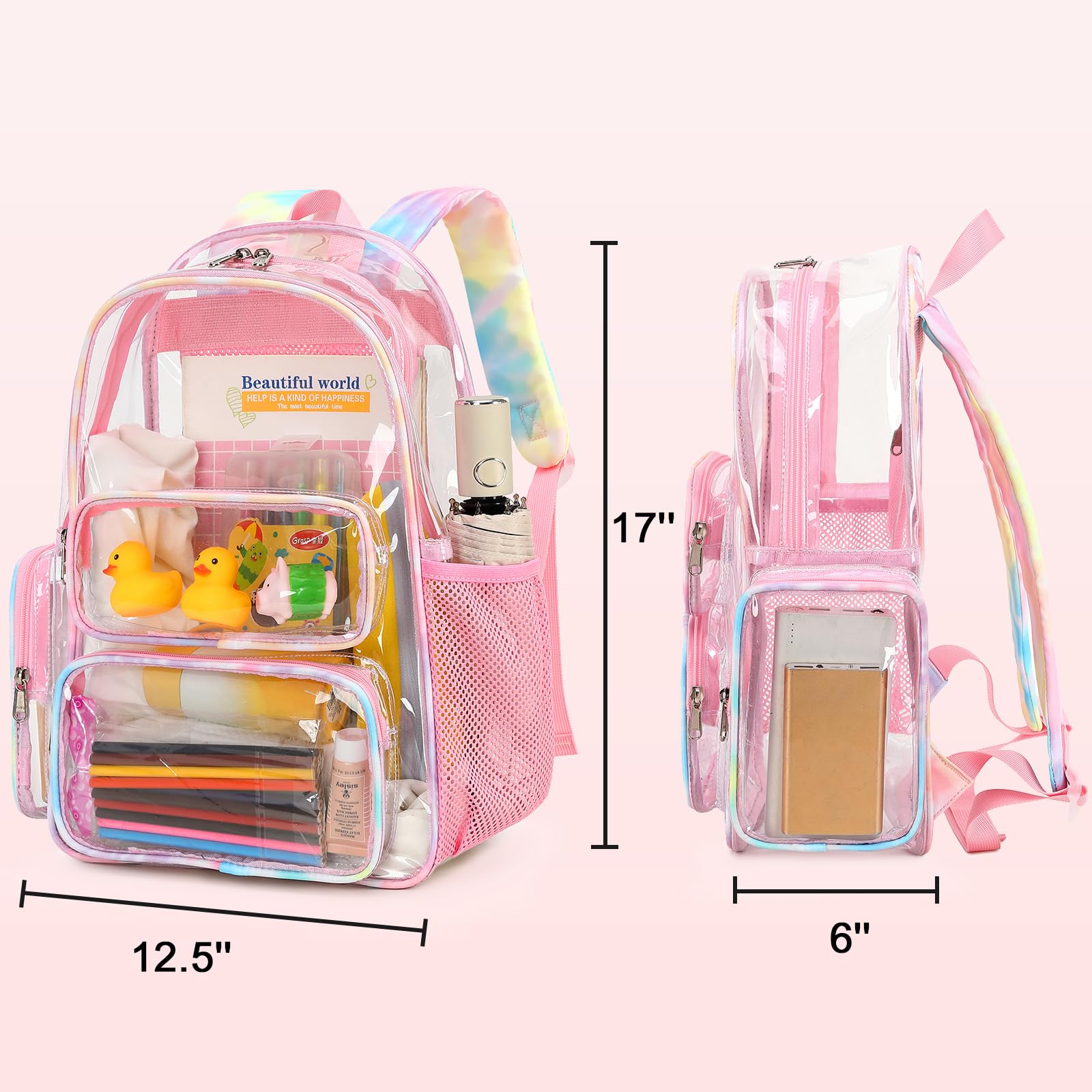 CAMTOP Clear Backpack Heavy Duty PVC Transparent Bag See Through BookBag for Student School Work Festival Sport Travel(Pink Yellow)