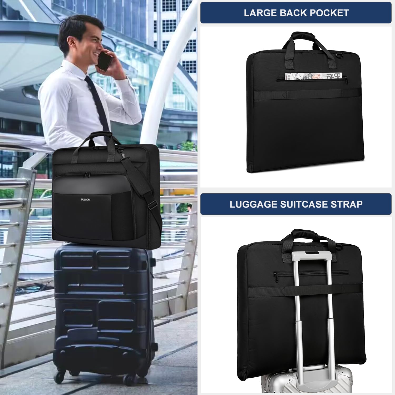 Garment Bag Travel Suit Bag for Men Large 40-Inch Carry on Garment Bag Up to 3 Suits for Business Trips,2 in 1 Hanging Suitcase Luggage Bags for Travel,Foldable Carry on Bag Fits 15.6Inch Laptop,Black