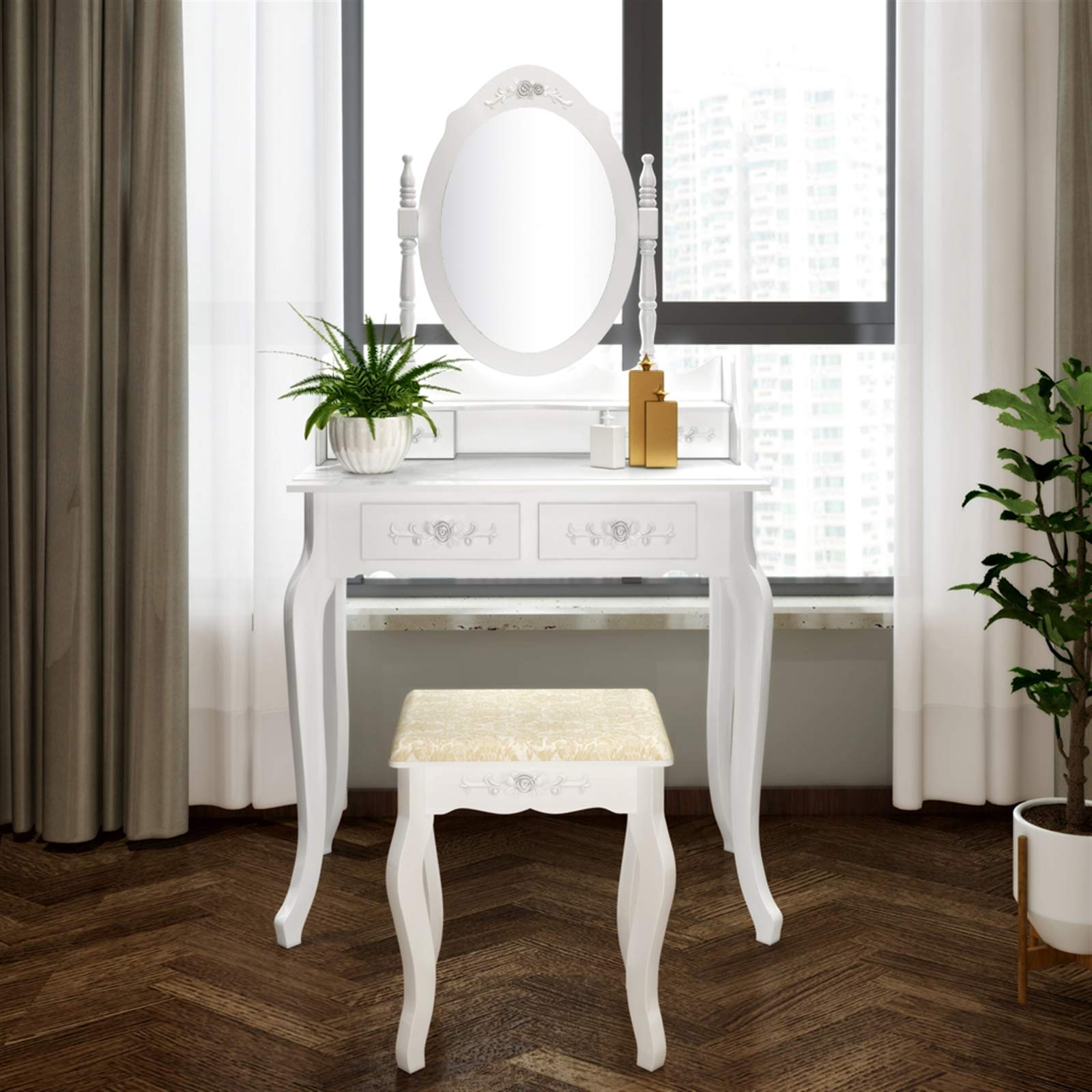 HEPMIMZHU Vanity Desk with Mirror and Lights and Drawers, Vanity Mirror with Lights Desk and Chair, Wood Makeup Vanity with Drawers & Shelves, Cushion Stool, for Bedroom (White6)