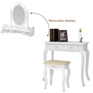 HEPMIMZHU Vanity Desk with Mirror and Lights and Drawers, Vanity Mirror with Lights Desk and Chair, Wood Makeup Vanity with Drawers & Shelves, Cushion Stool, for Bedroom (White6)