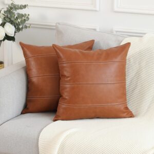 MANDIOO Set of 2 Boho Striped Faux Leather Throw Pillow Covers 16x16 Inch Modern Luxury Square Decorative Cushion Cases for Living Room Bedroom Sofa Couch Brown