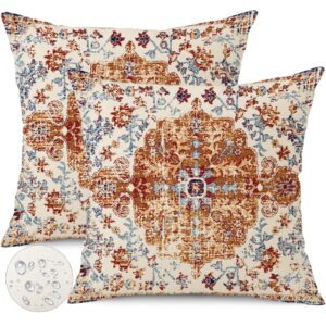 gujiahone outdoor waterproof pillow covers 20x20 inch set of 2 bohemian vintage carpet pattern pillow covers brown blue ethnic design decorative farmhouse pillow covers for couch garden balcony