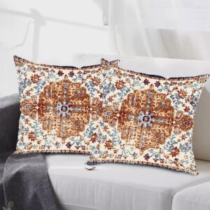 Gujiahone Outdoor Waterproof Pillow Covers 20X20 Inch Set of 2 Bohemian Vintage Carpet Pattern Pillow Covers Brown Blue Ethnic Design Decorative Farmhouse Pillow Covers for Couch Garden Balcony