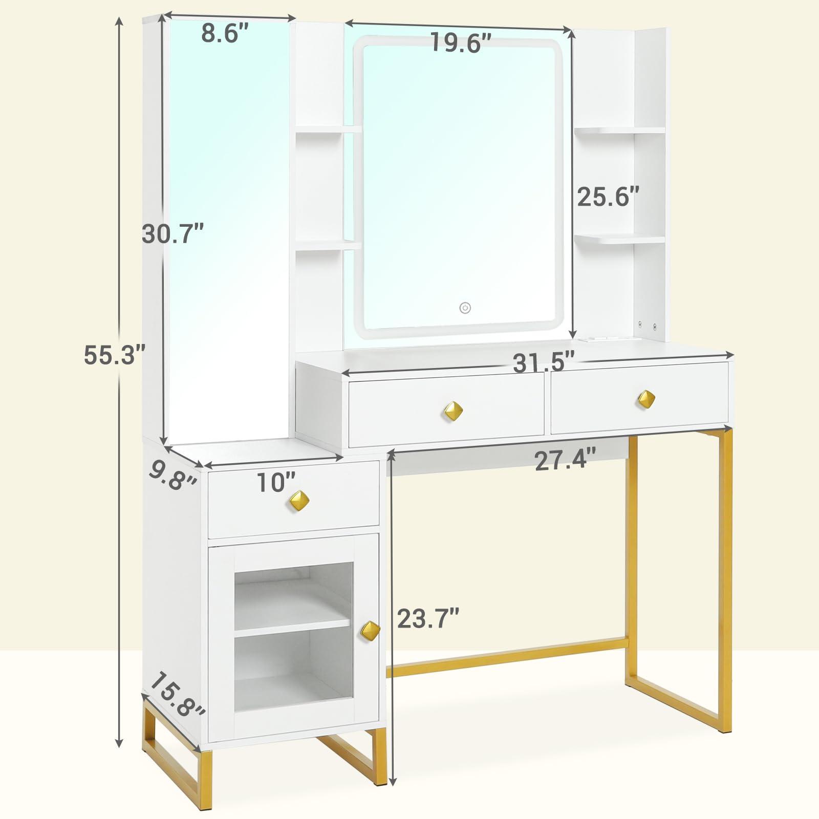 BTHFST Vanity Desk with Full Length Mirror and Lights, Makeup Vanity with Lights and Charging Station, Large Makeup Table with Drawers Shelves Cabinet, Vanity Table with Ambient Light, White and Gold