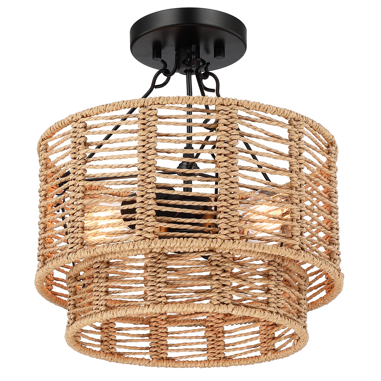 Hermasgi 12.6'' Farmhouse Rattan Semi Flush Mount Ceiling Light,Boho Light Fixtures with 2-Tier Drum Hand-Woven Natural Rattan Shade,Rattan Ceiling Lamp for Hallway Bedroom Entryway Living Room