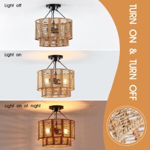 Hermasgi 12.6'' Farmhouse Rattan Semi Flush Mount Ceiling Light,Boho Light Fixtures with 2-Tier Drum Hand-Woven Natural Rattan Shade,Rattan Ceiling Lamp for Hallway Bedroom Entryway Living Room