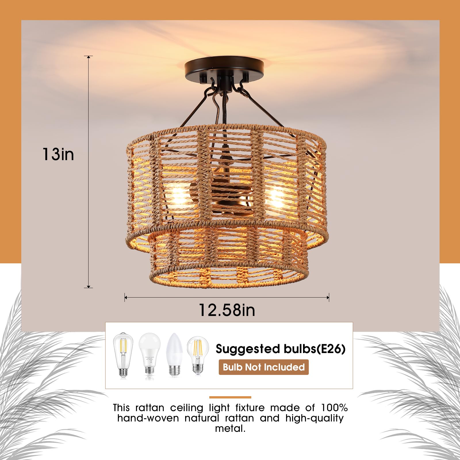 Hermasgi 12.6'' Farmhouse Rattan Semi Flush Mount Ceiling Light,Boho Light Fixtures with 2-Tier Drum Hand-Woven Natural Rattan Shade,Rattan Ceiling Lamp for Hallway Bedroom Entryway Living Room