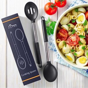 HOTEC Heat Resistant Large Silicone Cooking Spoon, Solid Slotted Spoons, Nonstick Kitchen Cookware Utensils, Mixing, Serving, Stiring Large Spoons, Black