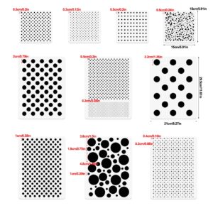 Dots Stencils, 10 Pcs Mixed Media Assorted Size Polka Dot Stencils Repeating Reusable Cluttered Circle Stencils for Painting on Wood Furniture Pillow Wall Scrapbook Card Making DIY Craft (A4 & 6"x6")