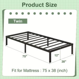 Cieemine 12 Inch Twin Bed Frames, Heavy Duty Metal Bed Frame Twin Size, No Box Spring Needed, Easy Assembly, Noise-Free, Black