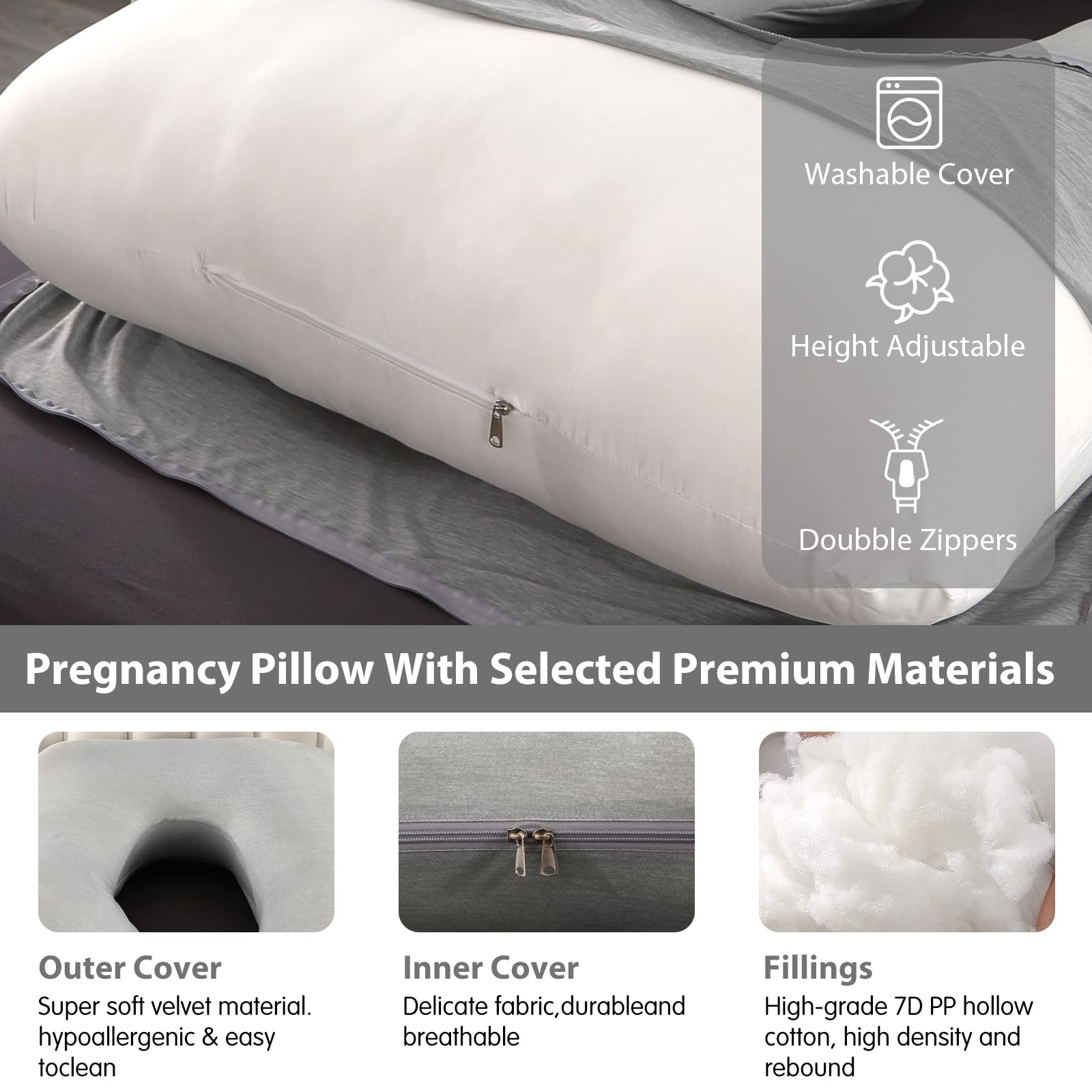 Elover Pregnancy Pillows,U-Shape Full Body Pillow Cooling Cover Dark Grey Pregnancy Pillows for Sleeping Body Pillows for Adults,Maternity Pillow (Cooling Material,Haze Grey)