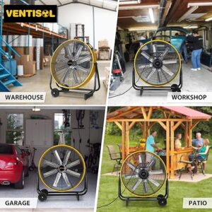 VENTISOL 24 Inch Industrial Floor Drum Fan, 8600 CFM Heavy Duty Floor Fan 3-Speed Air Circulator with Castors, High Velocity Commercial Shop Fan for Warehouse, Basement, Facotry, Barn, Garage