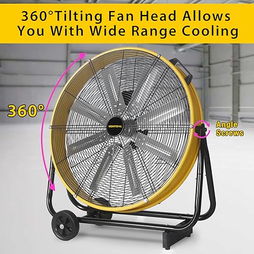 VENTISOL 24 Inch Industrial Floor Drum Fan, 8600 CFM Heavy Duty Floor Fan 3-Speed Air Circulator with Castors, High Velocity Commercial Shop Fan for Warehouse, Basement, Facotry, Barn, Garage