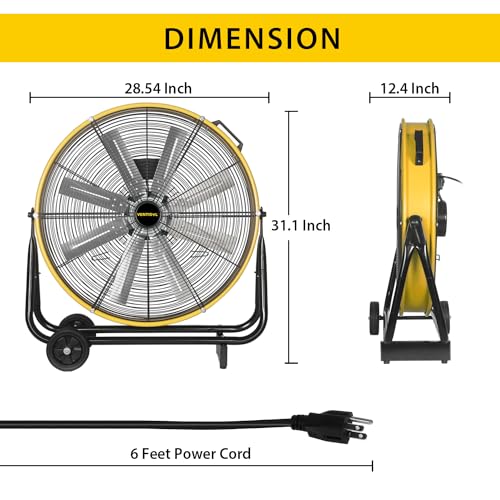 VENTISOL 24 Inch Industrial Floor Drum Fan, 8600 CFM Heavy Duty Floor Fan 3-Speed Air Circulator with Castors, High Velocity Commercial Shop Fan for Warehouse, Basement, Facotry, Barn, Garage