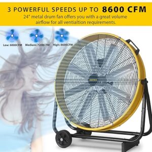 VENTISOL 24 Inch Industrial Floor Drum Fan, 8600 CFM Heavy Duty Floor Fan 3-Speed Air Circulator with Castors, High Velocity Commercial Shop Fan for Warehouse, Basement, Facotry, Barn, Garage