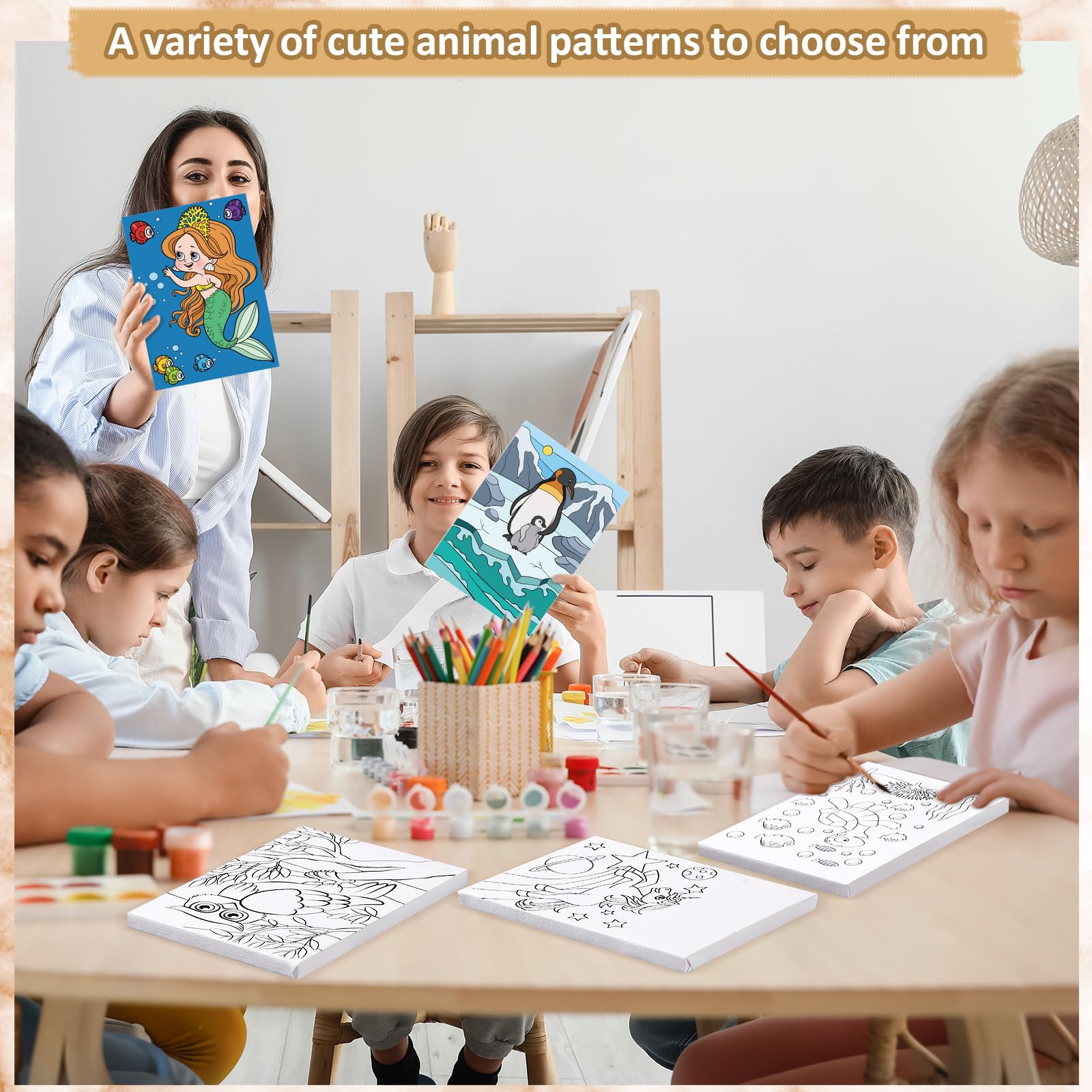 Thenshop 48 Pcs Animal Pre Drawn Canvas 5 x 7 Inch Painting Art Set Pre Stenciled Art Show Display Panels Outline Painting Canvas Bulk for Home School Kids Adults Beginners Student Party Gifts