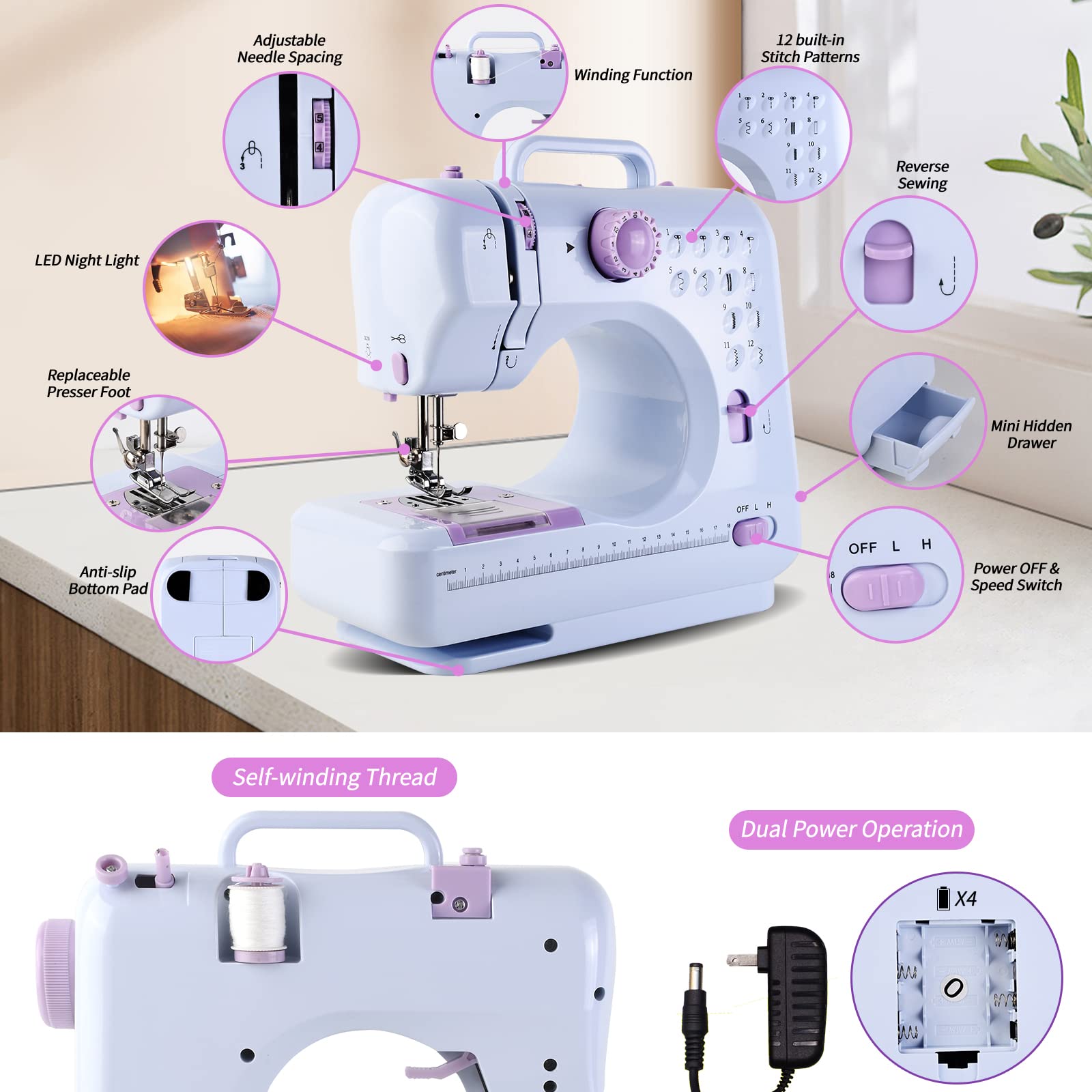 HJWTCQL Mini Sewing Machine for Beginners,Kids Sewing Machines,Small Sewing Machines with 12 Built-in Stitches and Reverse Sewing,Portable Sewing Machine for Kids, Suitable For Family Daily