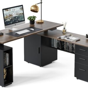 FEZIBO 63" L Shaped Executive Standing Desk with File Cabinet, Electric Height Adjustable, Black Walnut