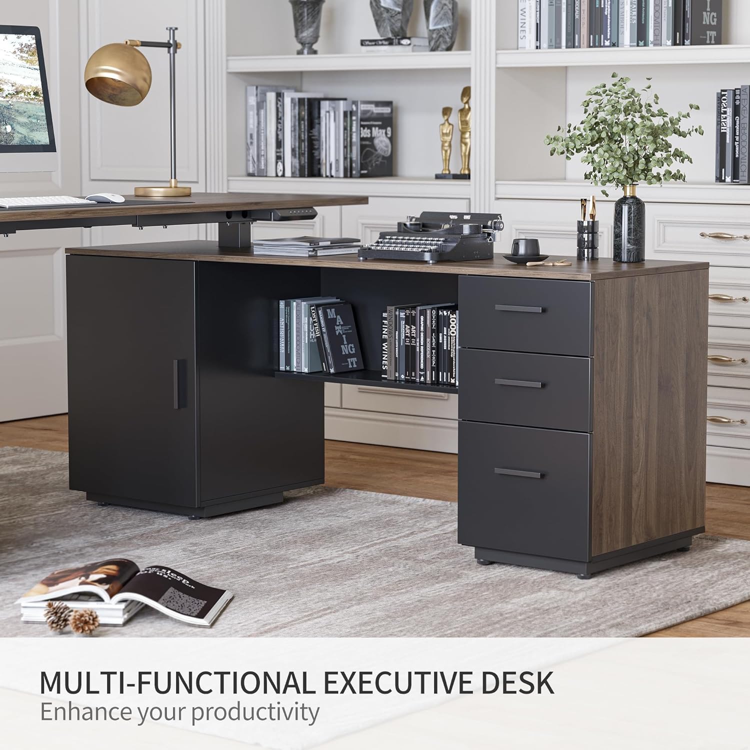 FEZIBO 63" L Shaped Executive Standing Desk with File Cabinet, Electric Height Adjustable, Black Walnut