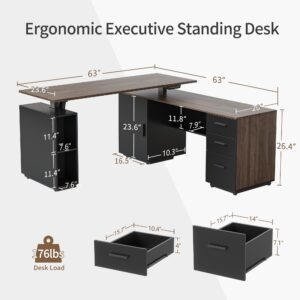 FEZIBO 63" L Shaped Executive Standing Desk with File Cabinet, Electric Height Adjustable, Black Walnut