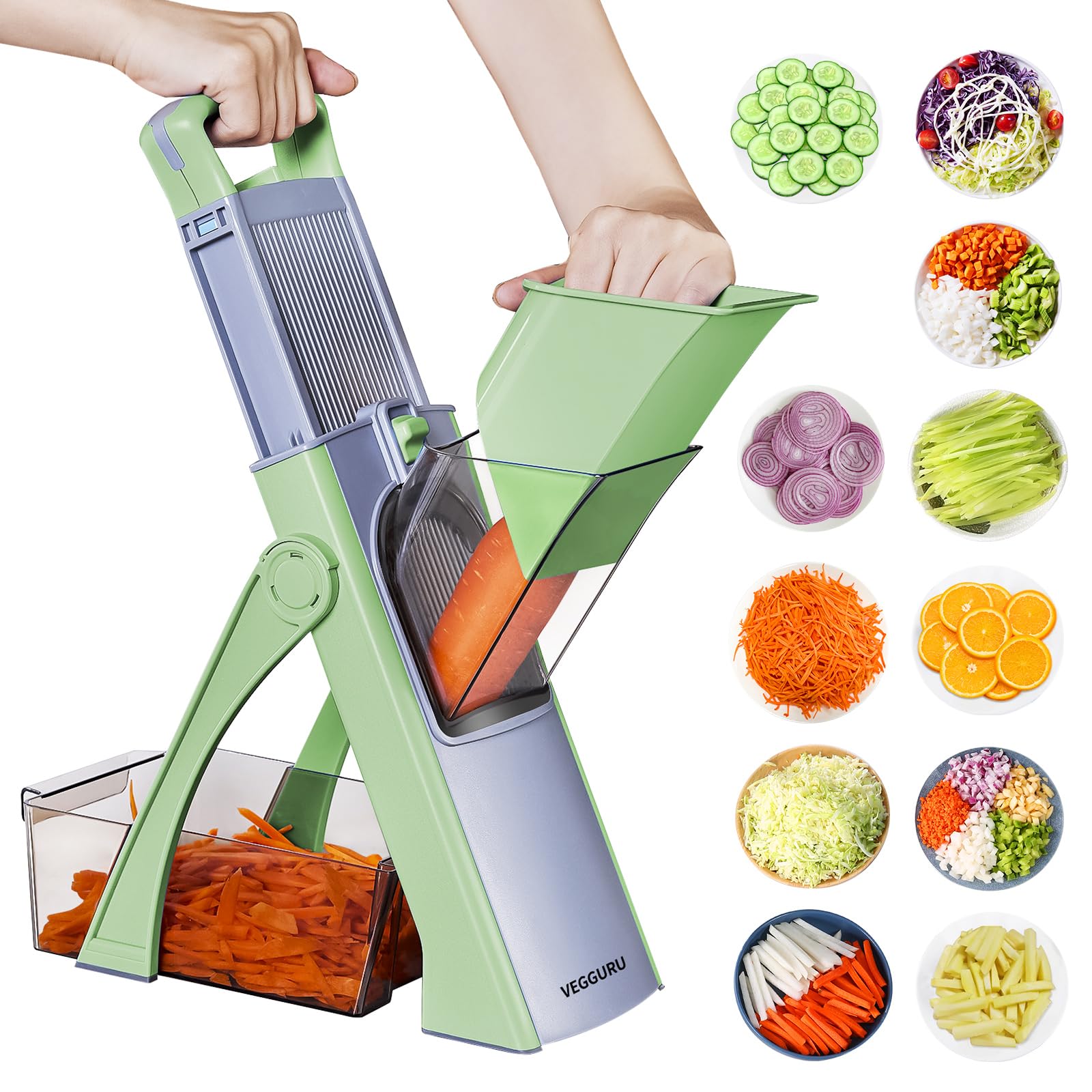 VEGGURU Safer Mandoline Food Slicer, Thickness Adjustable Vegetable Chopper, Onion Chopper Potato Slicer Tomato Cutter Dicer, Multifunctional Kithcen Food Fruit Chopper