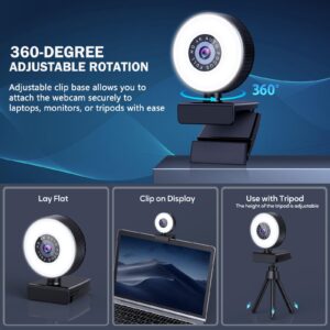 Cnkaite 4K Webcam, HD Autofocus Webcam with Microphone, Adjustable Light Computer Camera with Privacy Cover and Tripod Stand, Plug and Play USB Webcam for Laptop Desktop Video Calling