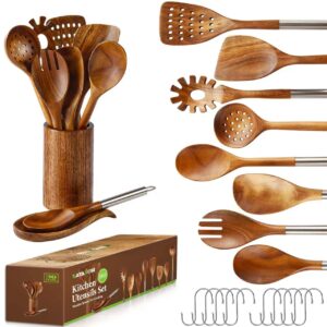 wooden spoons for cooking with utensils holder, 10-pieces wooden utensil set non-stick, natural teak cookware wooden cooking spurtle set, with stainless steel handle