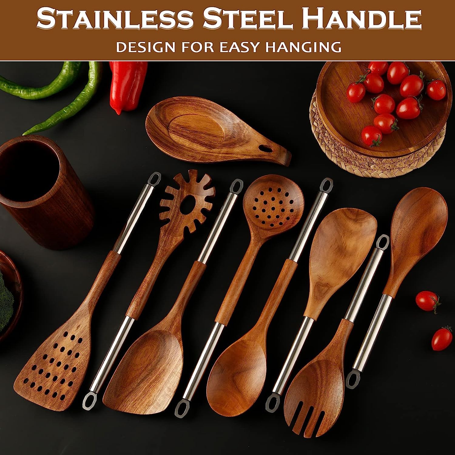 Wooden Spoons for Cooking with Utensils Holder, 10-Pieces Wooden Utensil Set Non-Stick, Natural Teak Cookware Wooden Cooking Spurtle Set, with Stainless Steel Handle