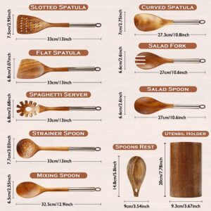 Wooden Spoons for Cooking with Utensils Holder, 10-Pieces Wooden Utensil Set Non-Stick, Natural Teak Cookware Wooden Cooking Spurtle Set, with Stainless Steel Handle