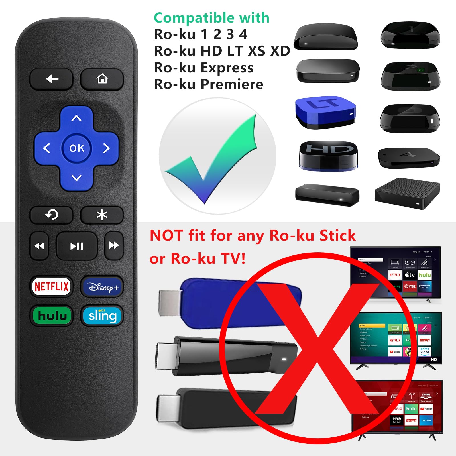 (2 Pack) Replacement Remote Control for Roku Express, for Roku Premiere, for Roku Box, for Roku Player, for Roku 1 2 3 4 -【NOT for Stick or TV】