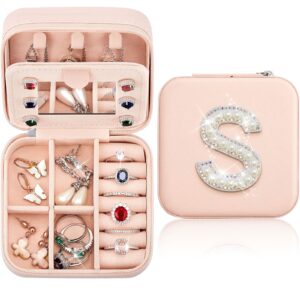 sweetude travel jewelry box initial jewelry case mini pink jewelry organizer with mirror travel ring earring jewelry holder for women girls mom girlfriend wedding bridesmaid friends birthday gifts (s)