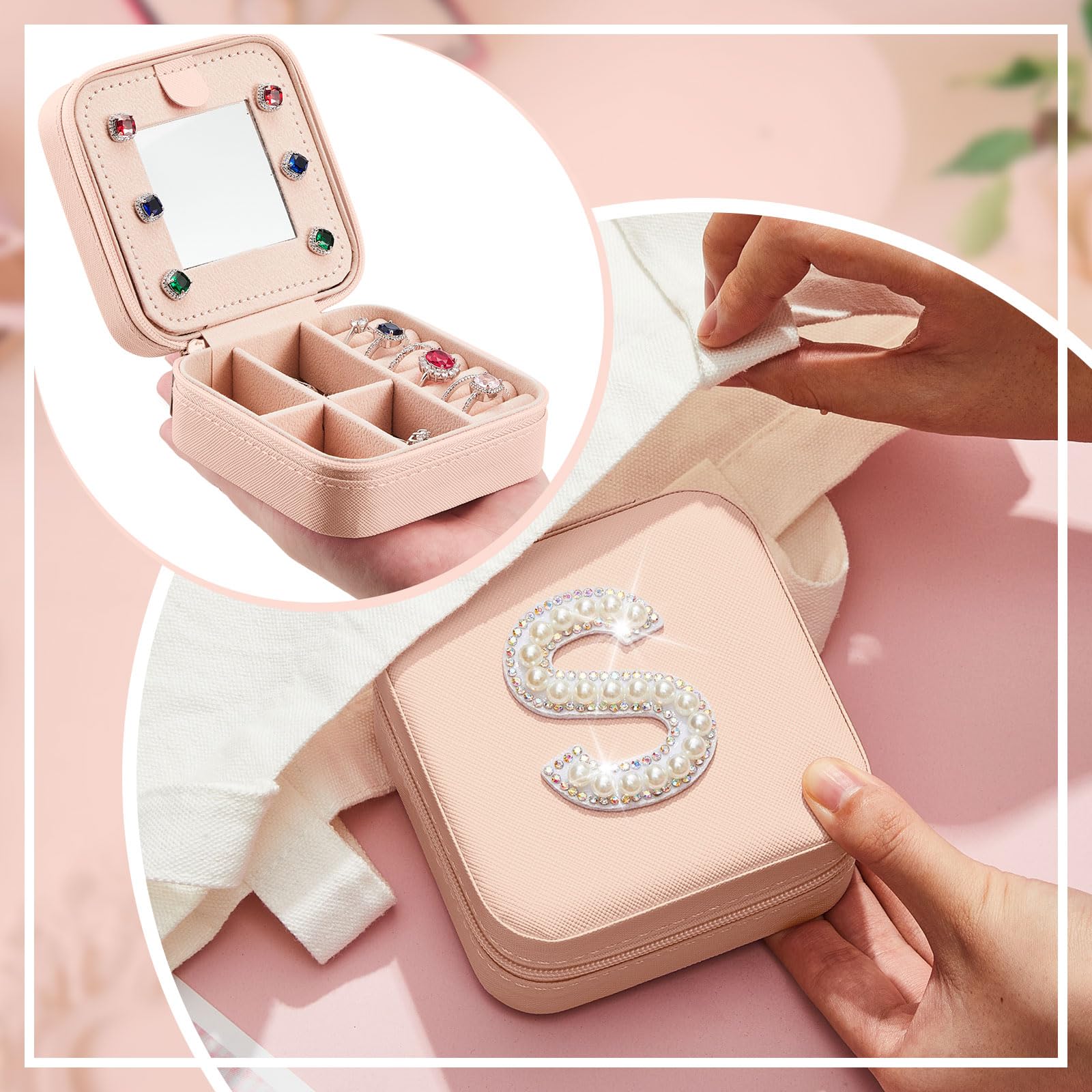 Sweetude Travel Jewelry Box Initial Jewelry Case Mini Pink Jewelry Organizer with Mirror Travel Ring Earring Jewelry Holder for Women Girls Mom Girlfriend Wedding Bridesmaid Friends Birthday Gifts (S)