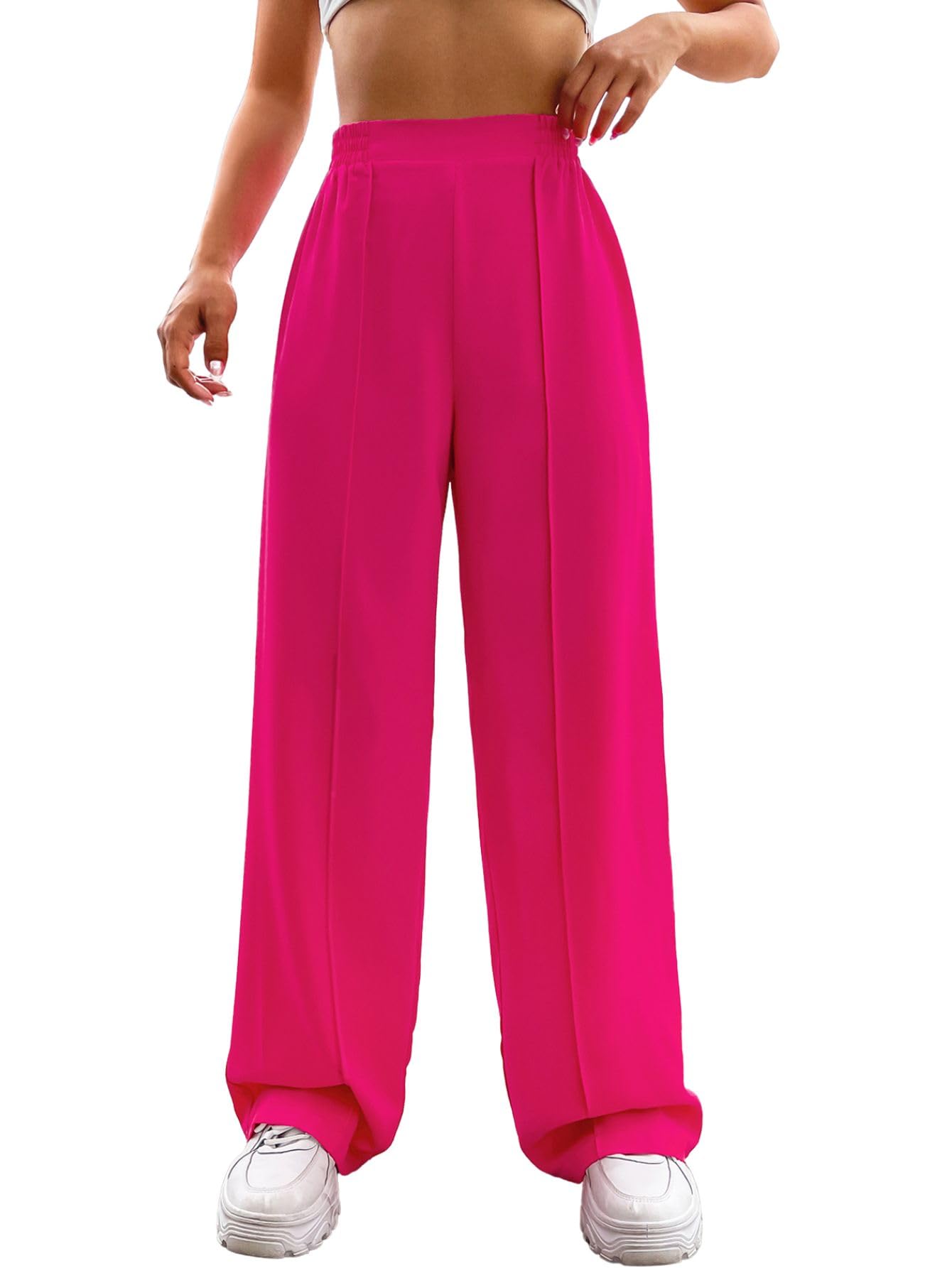 Verdusa Women's Elastic High Waist Solid Straight Leg Pants Casual Long Trousers Hot Pink M