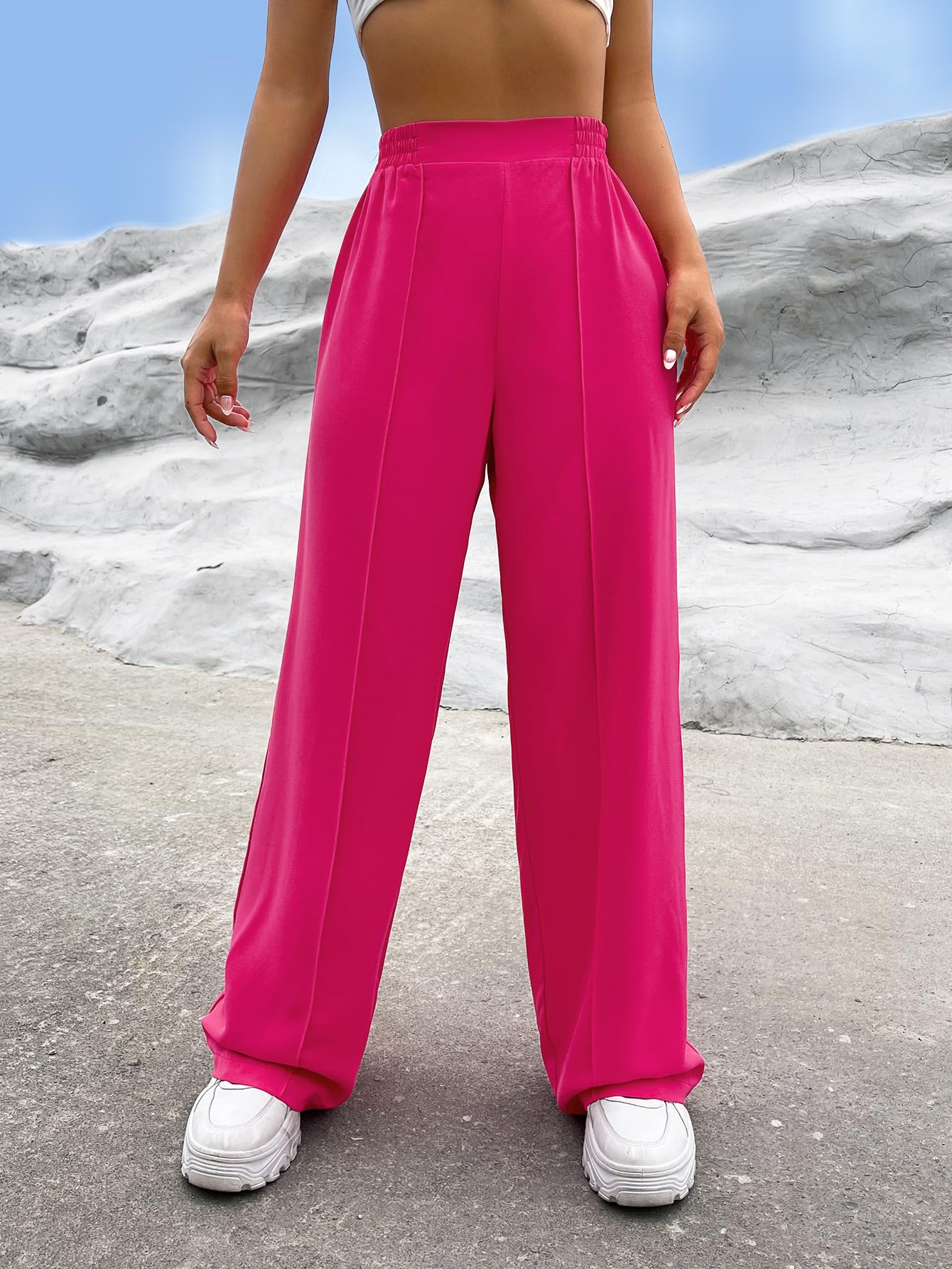 Verdusa Women's Elastic High Waist Solid Straight Leg Pants Casual Long Trousers Hot Pink M