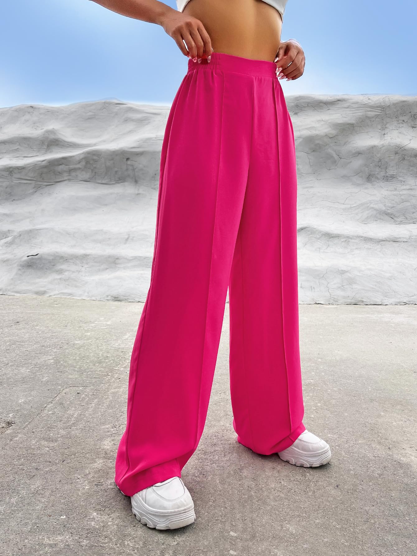 Verdusa Women's Elastic High Waist Solid Straight Leg Pants Casual Long Trousers Hot Pink M