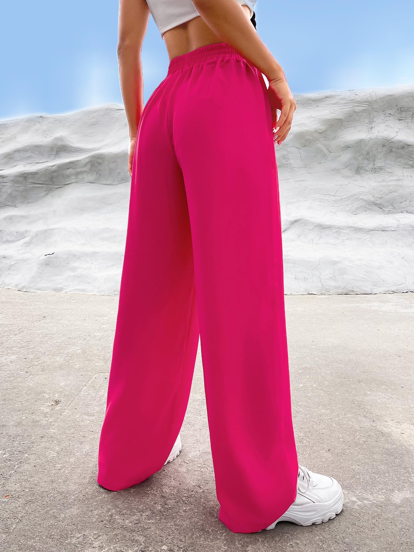 Verdusa Women's Elastic High Waist Solid Straight Leg Pants Casual Long Trousers Hot Pink M