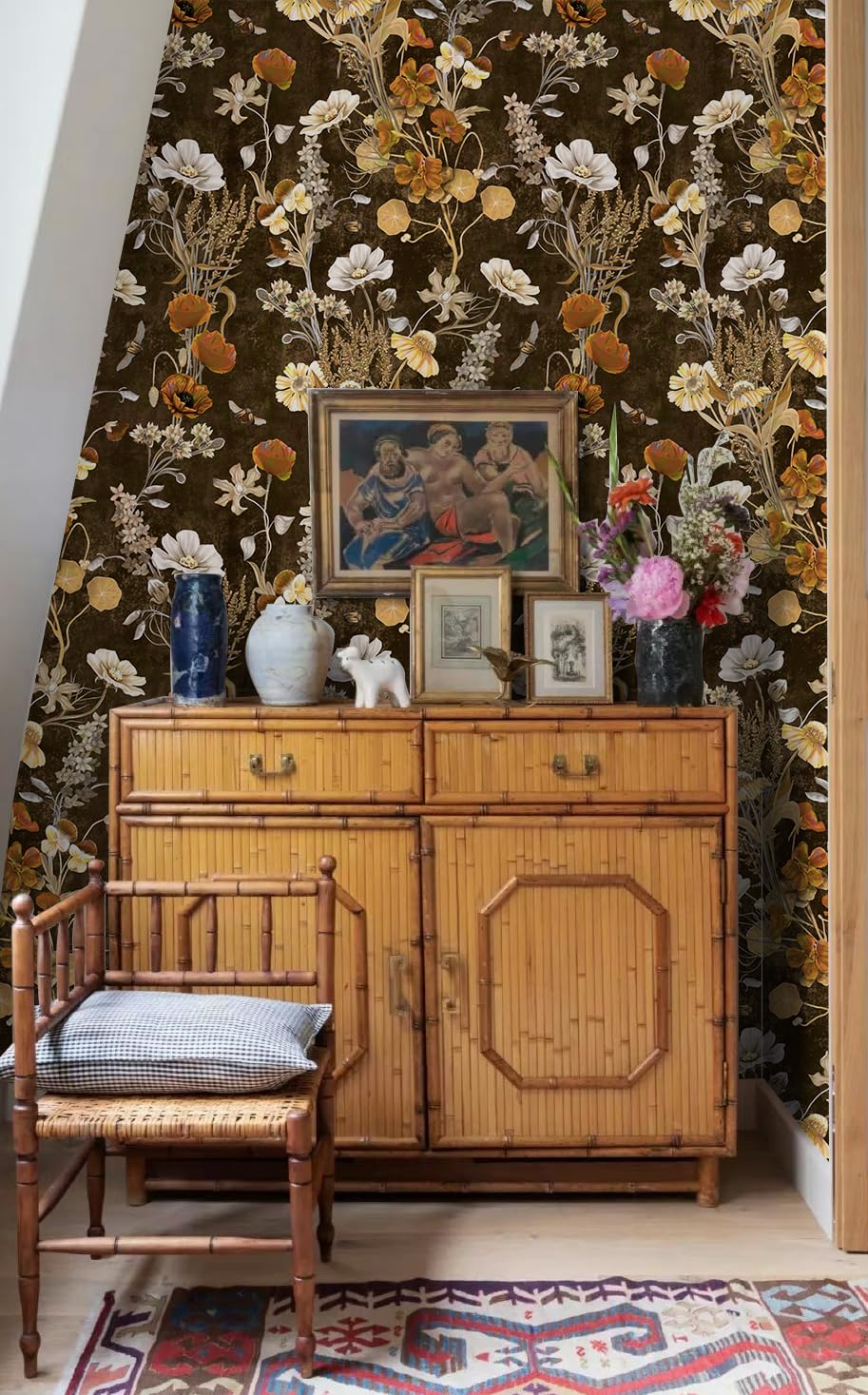 Idomural Floral Wallpaper Peel and Stick Wallpaper Vintage Floral Wallpaper Removable Wallpaper Peel and Stick Boho Wallpaper for Bedroom Bathroom Accent Wall 17.7 * 118in