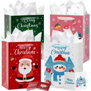 GonLei 4Pack 13" Large Christmas Gift Bags with Tissue Paper,Xmas Gift Bag for Presents,Assorted Christmas Tote Bags Bulk for School Family Holiday Party