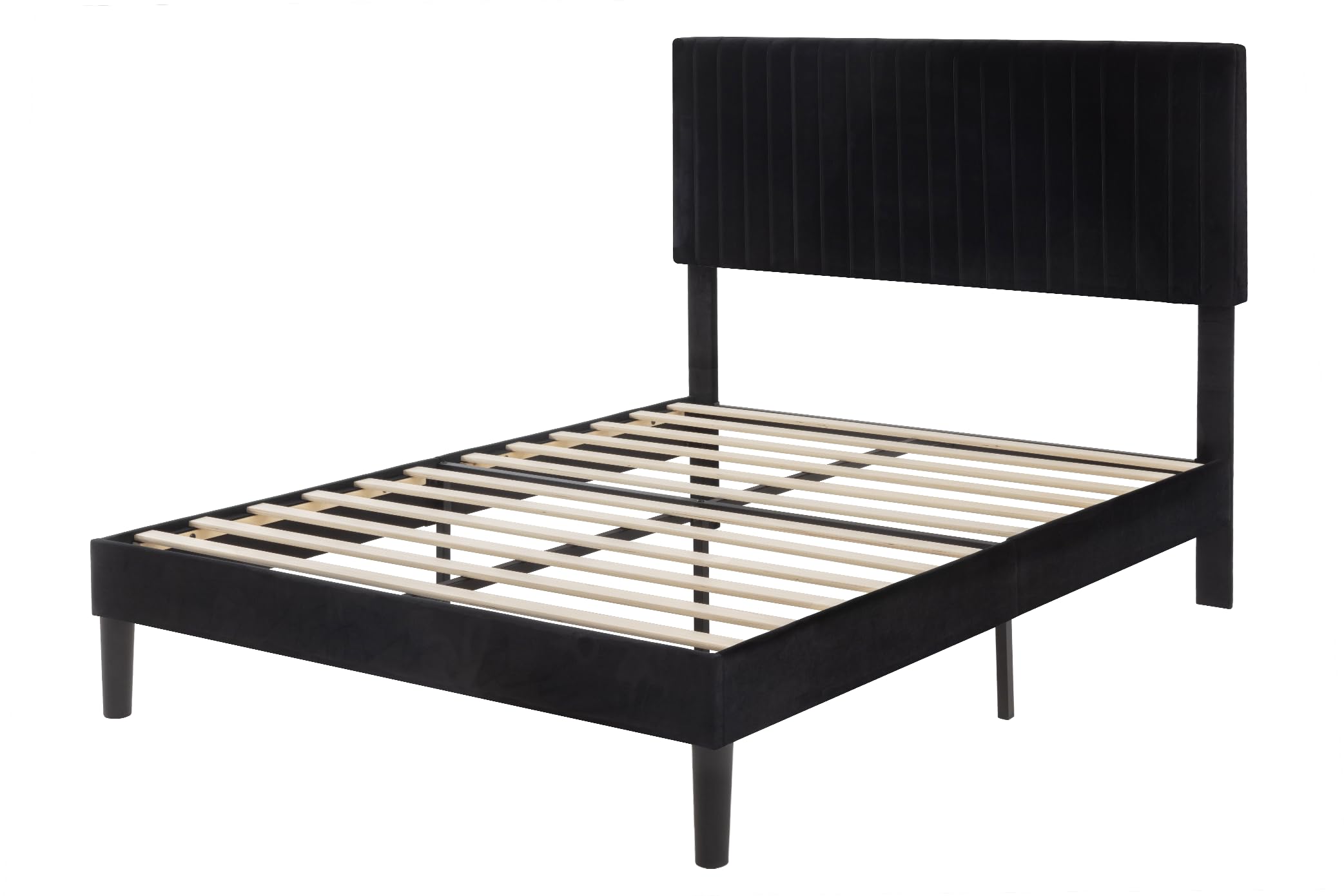 SHA CERLIN Queen Upholstered Platform Bed Frame with Adjustable Headboard/Vertical Channel Tufted Velvet Fabric/Wooden Slats Support/Mattress Foundation/Box Spring Optional/Black