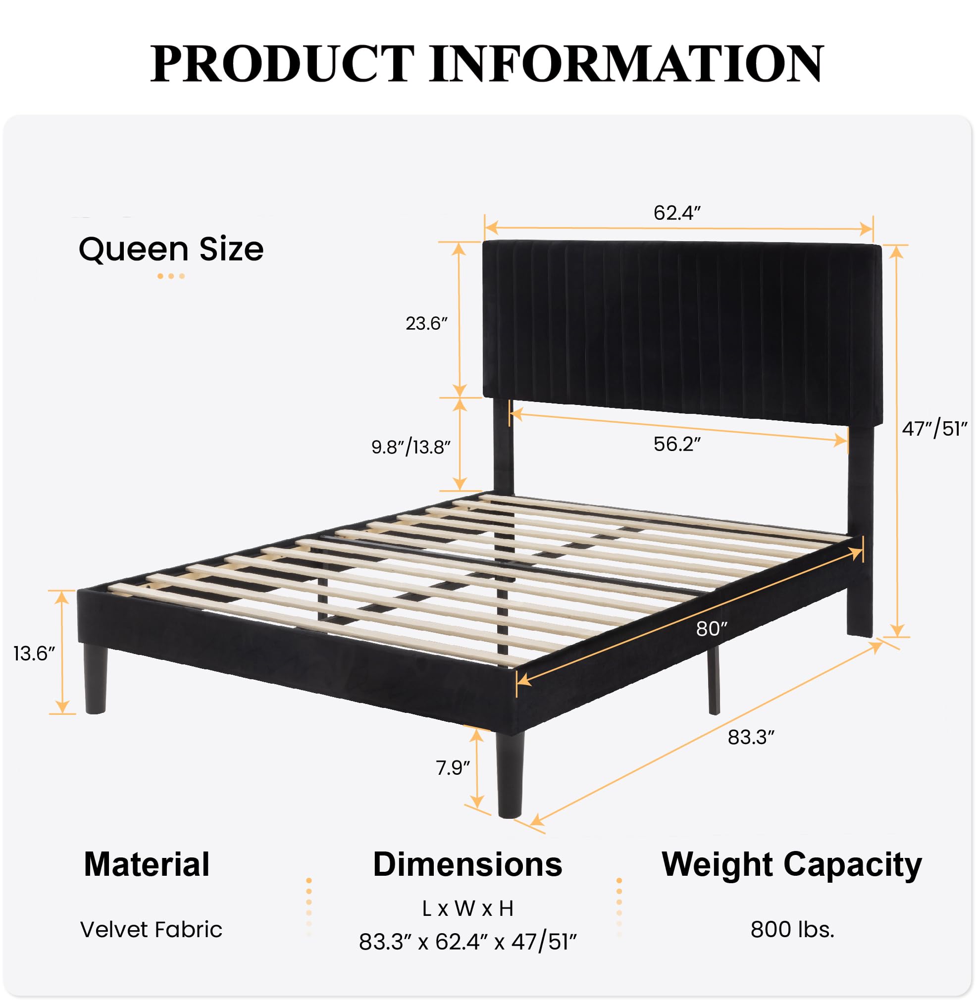 SHA CERLIN Queen Upholstered Platform Bed Frame with Adjustable Headboard/Vertical Channel Tufted Velvet Fabric/Wooden Slats Support/Mattress Foundation/Box Spring Optional/Black