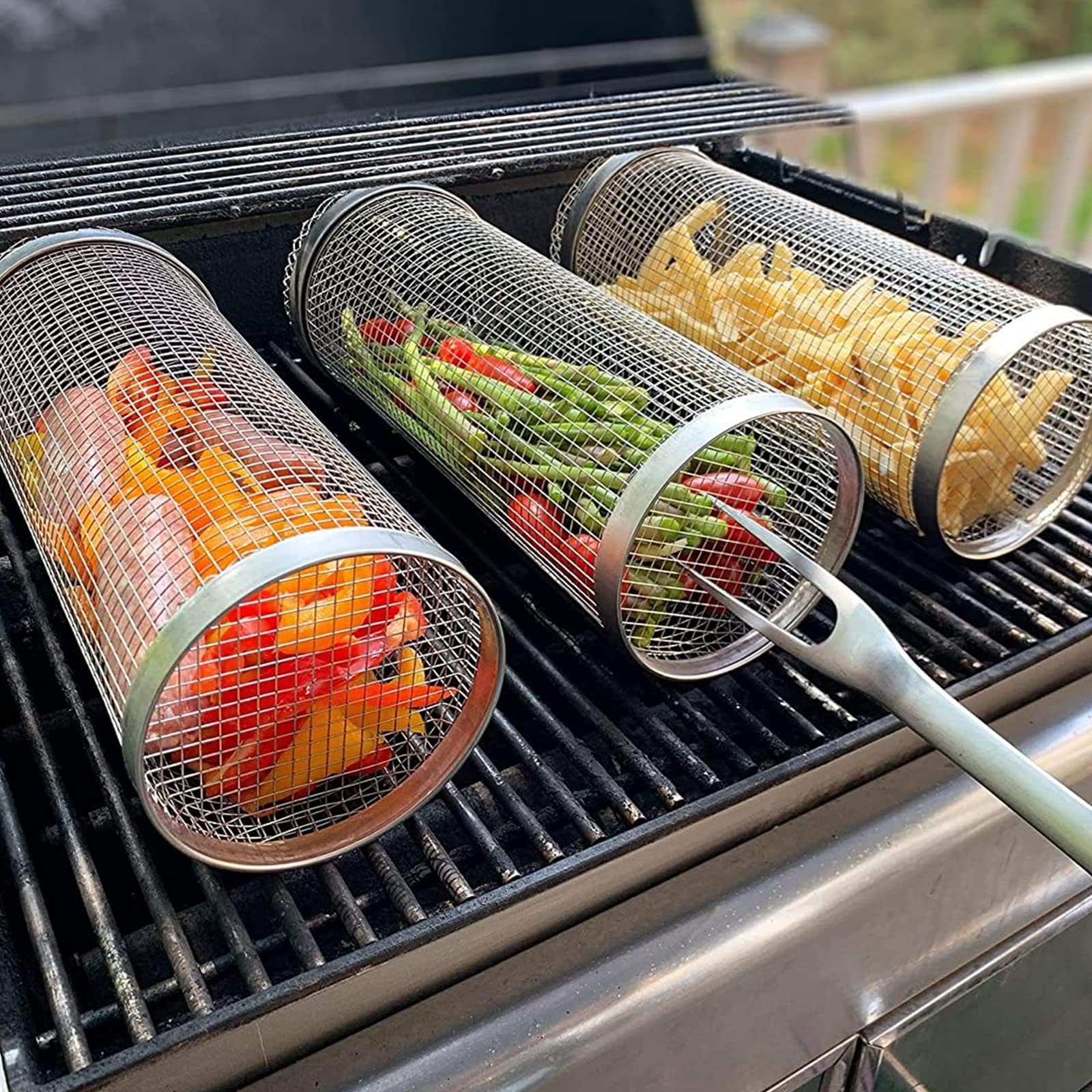 BLOOPIC BBQ Grilling Basket Grilling Accessories Camping Essentials Stainless Steel Wire Mesh Cylinder Outdoor Camping Picnic Round Rack Cookware Tool Cooking Large 1PCS (12.24 X 3.78 X 3.74 inch)