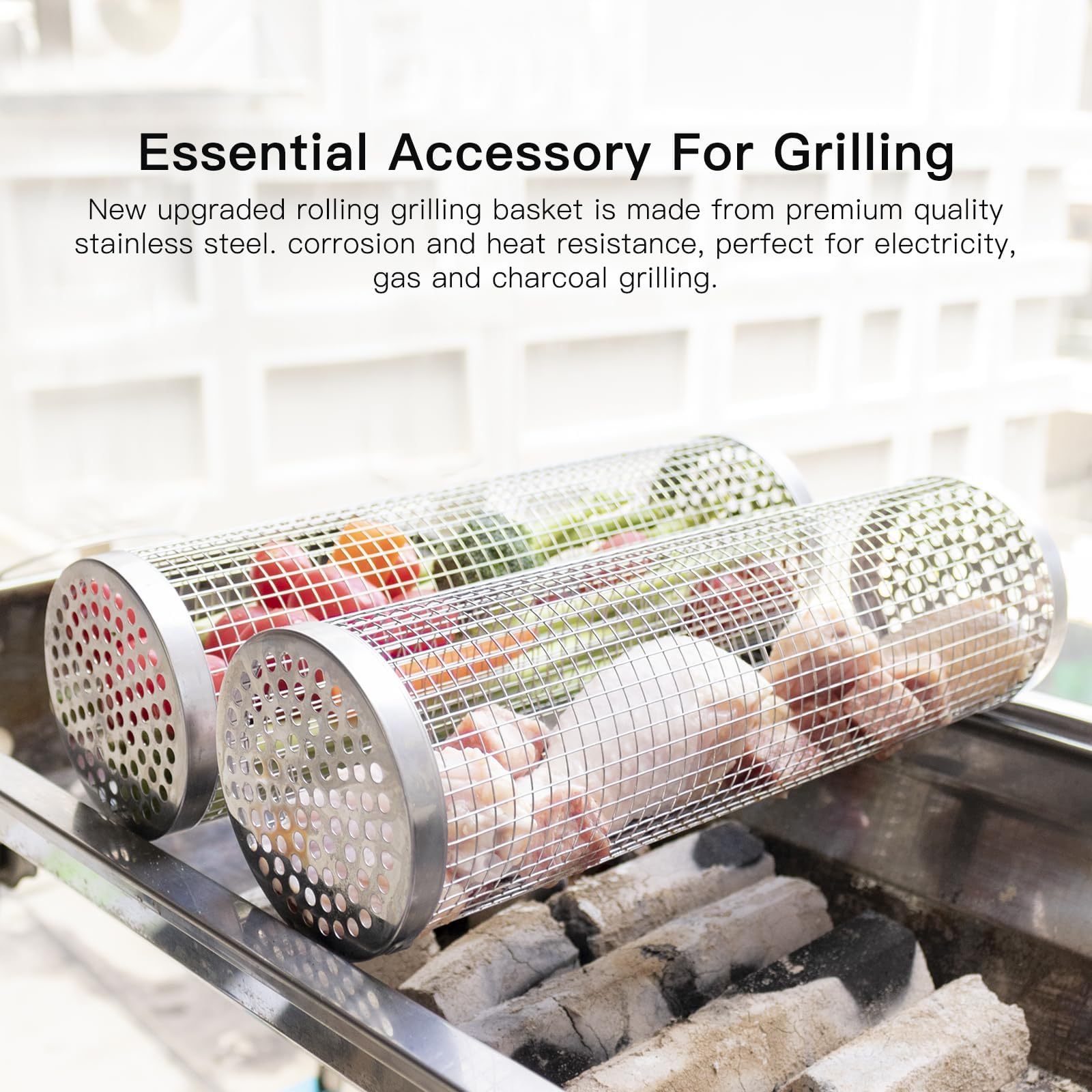 BLOOPIC BBQ Grilling Basket Grilling Accessories Camping Essentials Stainless Steel Wire Mesh Cylinder Outdoor Camping Picnic Round Rack Cookware Tool Cooking Large 1PCS (12.24 X 3.78 X 3.74 inch)