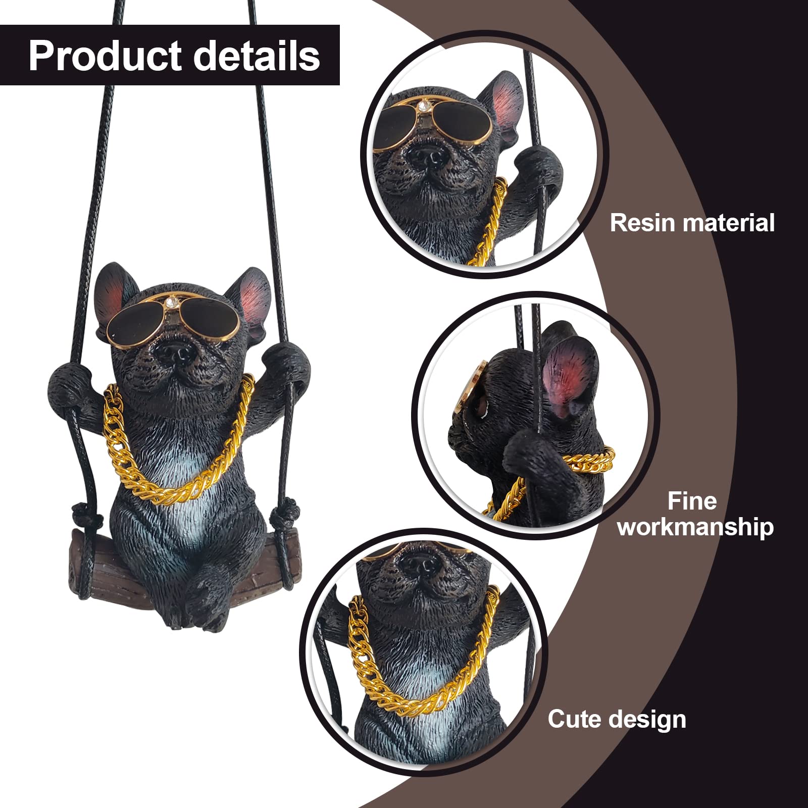 Swinging Dog Rear View Mirror Accessories For Car Afrench Bulldog Cute Car Rear View Mirror Pendant Accessories Decorations Frenchie Gifts Suitable For Men And Women(Black)