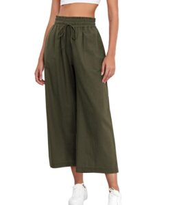 redmore high waisted linen pants for women summer wide leg capris lightweight casual drawstring trousers palazzo pants army green