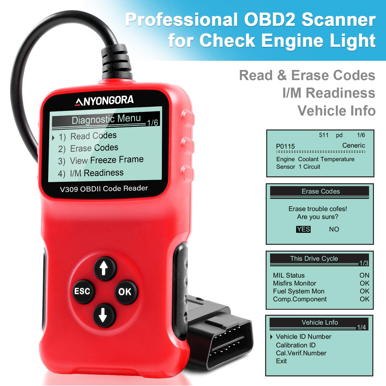 Anyongora OBD2 Scanner Diagnostic Tool - Professional Car Code Reader, Check Engine Code Reader with Real-Time Data, Freeze Frame, I/M Readiness for All OBDII Protocol Cars Since 1996 (an 309)