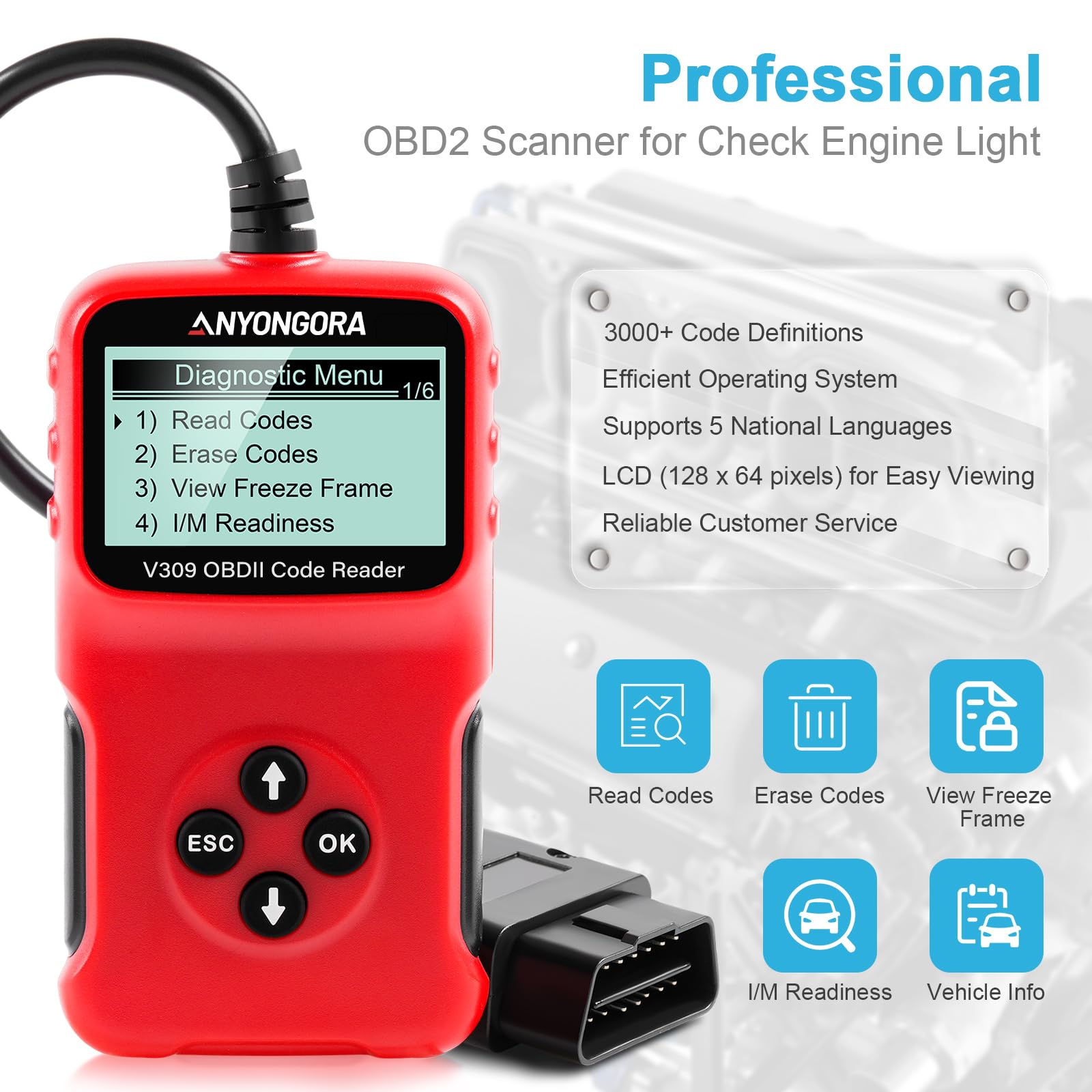 Anyongora OBD2 Scanner Diagnostic Tool - Professional Car Code Reader, Check Engine Code Reader with Real-Time Data, Freeze Frame, I/M Readiness for All OBDII Protocol Cars Since 1996 (an 309)