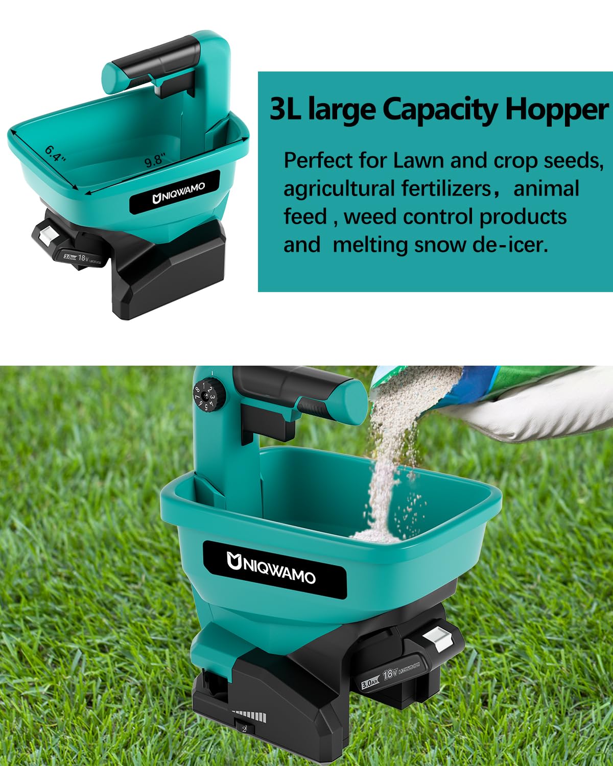 Uniqwamo Grass Seed Spreader for Makita 18V Li-ion Battery, Available Year-Round, Grass Seeds, Rock Salt (Battery not Included)