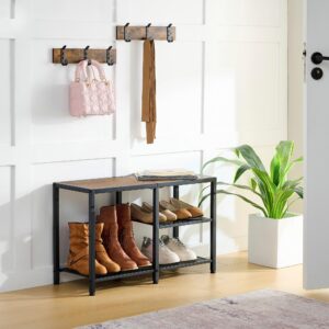 Gewudraw Coat Shoe Rack Bench Entryway - 3 in 1 Entry Bench Seat with Shoe Storage with Coat Hooks Wood Benches Metal Frame Small Shoes Shelf Organizer for Hallway Mudroom Bedroom