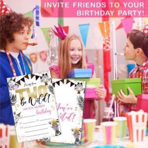 2nd Animals Theme Birthday Invitations - Born Two Be Wild - Birthday Party Invite Cards For Boys & Girls - 20 Double Side Fill-In Invites With Envelopes, Party Favor & Decorations - A09